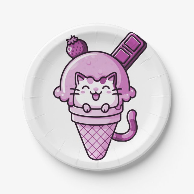Cat in Cone Pink  Paper Plate (Front)