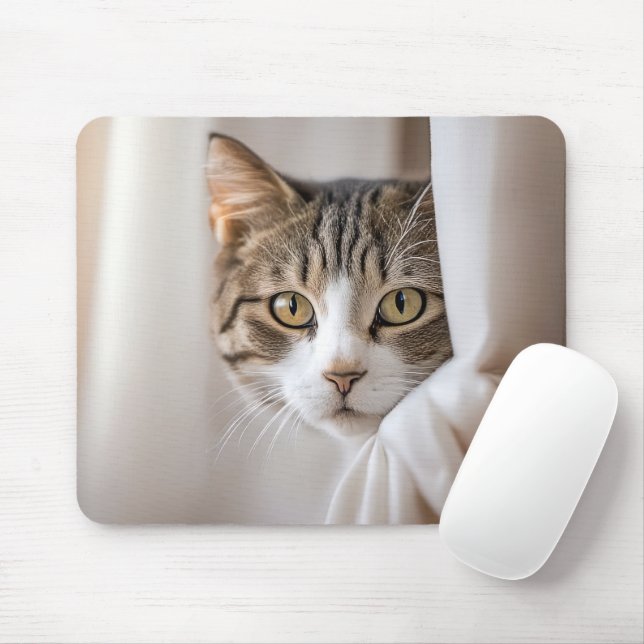 Cat In Curtains Mouse Pad (With Mouse)