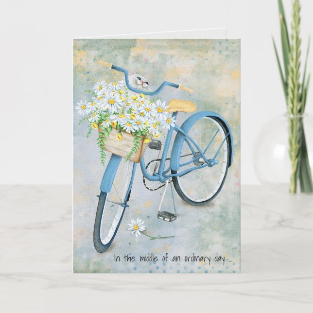 Cat in daisy basket on bike thank you card (Front)