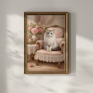 Cat in Floral Armchair Poster