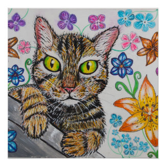 Cat in floral background Glossy Poster