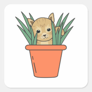 Cat In Flower Pot Funny Kitten In Plants Square Sticker
