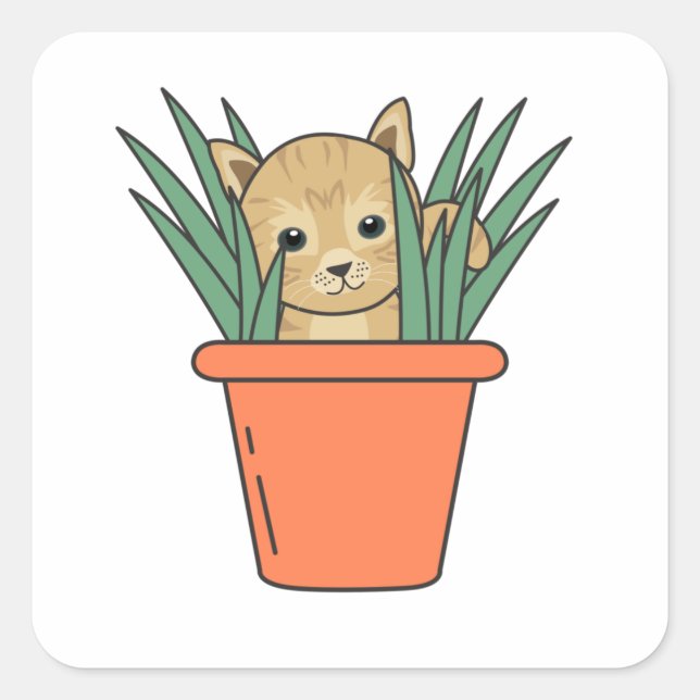 Cat In Flower Pot Funny Kitten In Plants Square Sticker (Front)