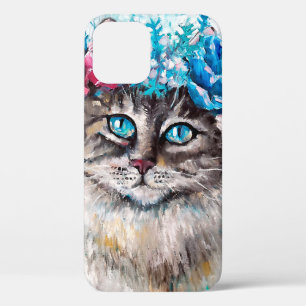 Cat in flower wreath oil painting on canvas. Winte iPhone 12 Case