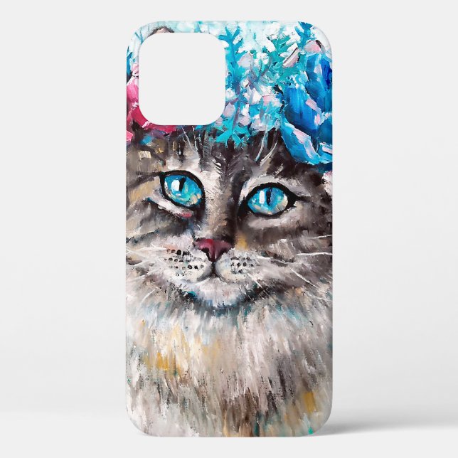 Cat in flower wreath oil painting on canvas. Winte Case-Mate iPhone Case (Back)