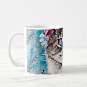 Cat in flower wreath oil painting on canvas. Winte Coffee Mug
