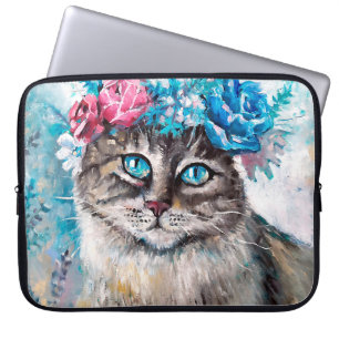 Cat in flower wreath oil painting on canvas. Winte Laptop Sleeve