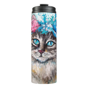 Cat in flower wreath oil painting on canvas. Winte Thermal Tumbler