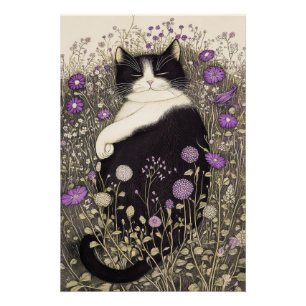 Cat in Flowers Poster