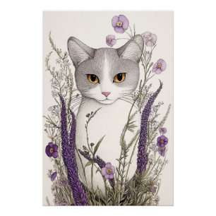 Cat in Flowers Poster