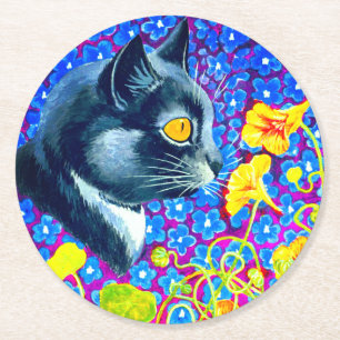 Cat in Flowers Round Paper Coaster