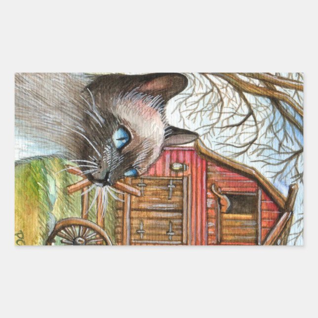 Cat in Front of Barn House Rectangular Sticker (Front)