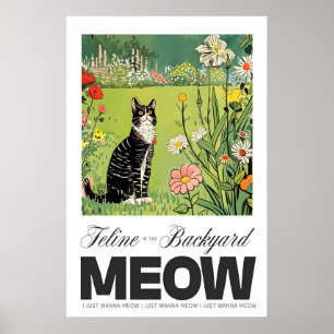 Cat in Garden Art Print Whimsical Feline & Floral
