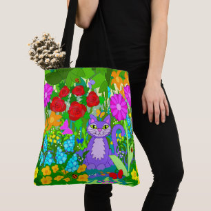 Cat in Garden Fantasy Flowers Butterflies Ladybugs Tote Bag