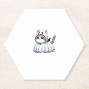 Cat in Ghost Costume for Halloween Paper Coaster