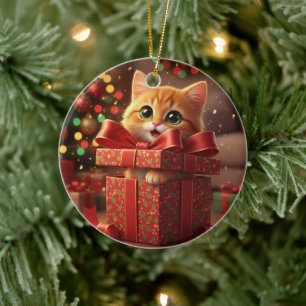Cat in Gift Box - Cat Popping Out of Present Xmas Ceramic Ornament