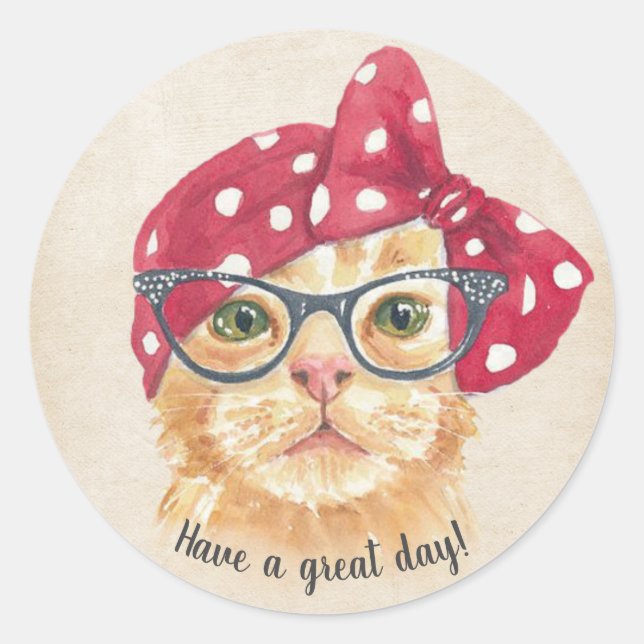 cat in glasses classic round sticker (Front)