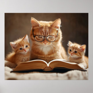 Cat in glasses reading a book to her kittens poster