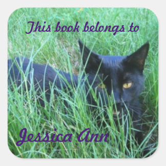 Cat in Grass Custom Book Plate Square Sticker