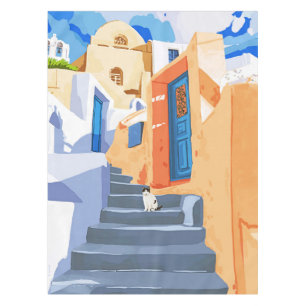 Cat in Greece, Architecture Tropical Exotic Travel Tablecloth