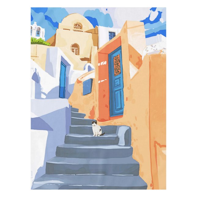 Cat in Greece, Architecture Tropical Exotic Travel Tablecloth (Front)