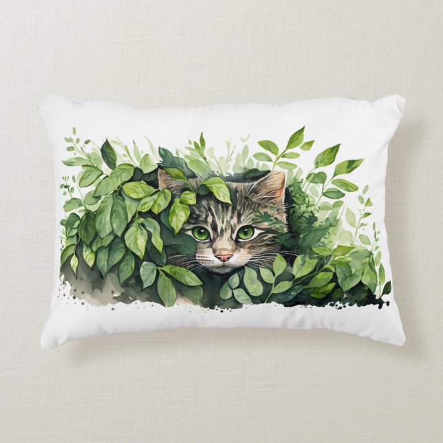 Cat In Green Leaves Decorative Cushion (Front)