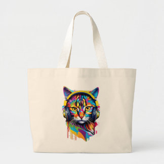 Cat in headphones large tote bag
