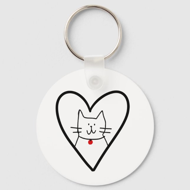 Cat in Heart Doodle  Key Ring (Front)
