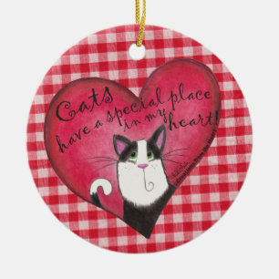 Cat in Heart on Red & White Gingham Ceramic Ornament