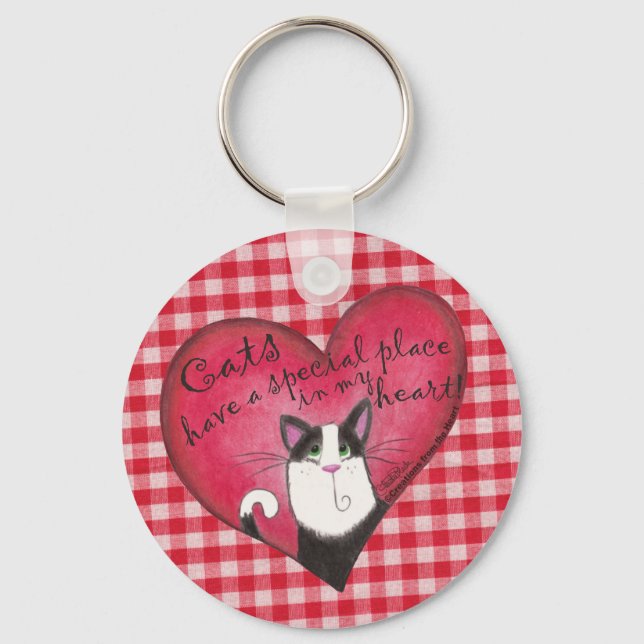 Cat in Heart on Red & White Gingham Key Ring (Front)