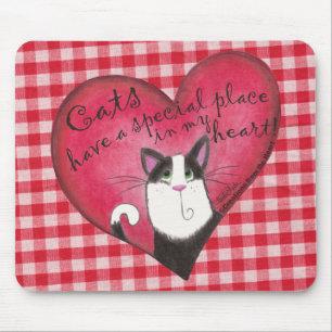 Cat in Heart on Red & White Gingham Mouse Pad