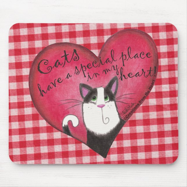 Cat in Heart on Red & White Gingham Mouse Pad (Front)