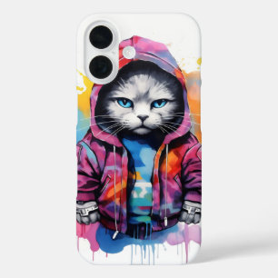 Cat in Hoodie Colourful Graffiti iPhone 16 Case
