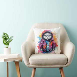 Cat in Hoodie Colourful Graffiti Cushion
