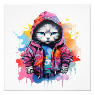 Cat in Hoodie Colourful Graffiti Photo Print