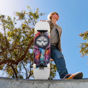 Cat in Hoodie Colourful Graffiti Skateboard