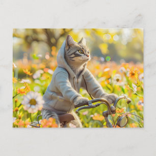 Cat in hoodie cycling across summer meadow holiday postcard