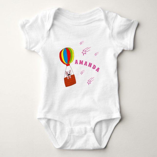 Cat in Hot Air Balloon with Stars Name Baby Bodysuit (Front)