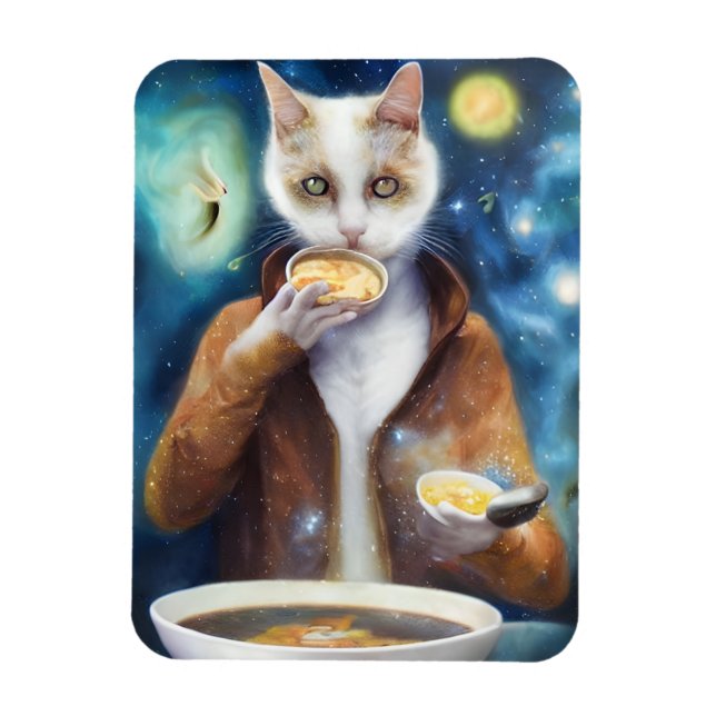 Cat in jumpsuit eating soup  AI generated art  Magnet (Vertical)