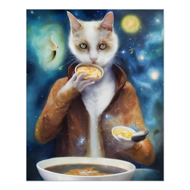 Cat in jumpsuit eating soup made out of galaxies p poster (Front)