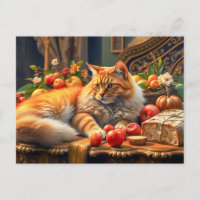 Cat in Lush Fruit and Flower Arrangement