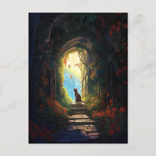 Cat In Magical Alley Fantasy Art Postcard (Front)