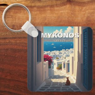 Cat in Mykonos Greece Cyclades Travel Key Ring