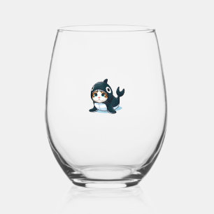 Cat in Orca Costume  Stemless Wine Glass