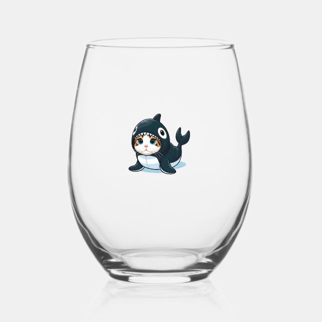 Cat in Orca Costume  Stemless Wine Glass (Front)