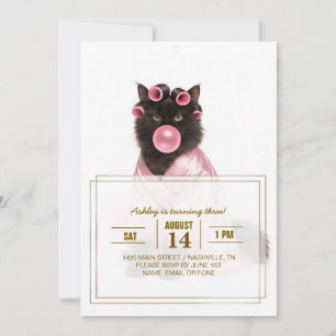 Cat in Pink Robe with Hair Curlers and Bubblegum Invitation