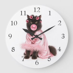 Cat in Pink Robe with Hair Curlers and Bubblegum   Large Clock