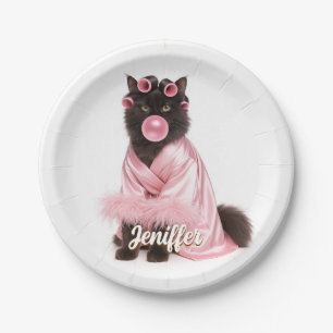 Cat in Pink Robe with Hair Curlers and Bubblegum Paper Plate