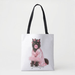 Cat in Pink Robe with Hair Curlers and Bubblegum Tote Bag