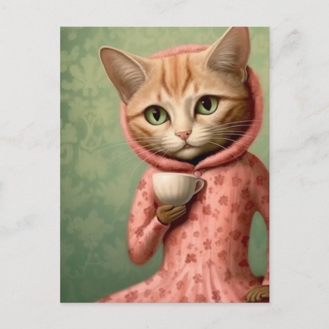 Cat in Pink With a Coffee Postcard (Front)